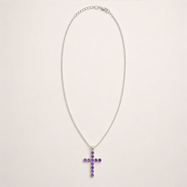 Indian Devotional Pendants - Silver Plated (45cm Chain)- Amethyst Crucifix