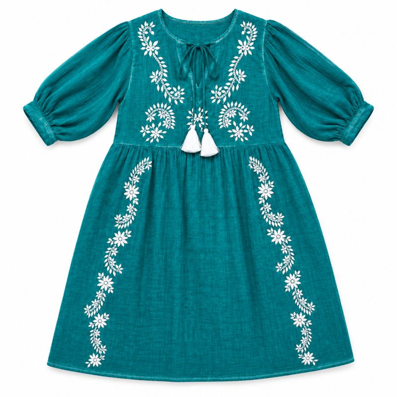 (M-L) Nomad Sari On the Med Collection - Dress -  Turquoice with Embroidery & Tassle