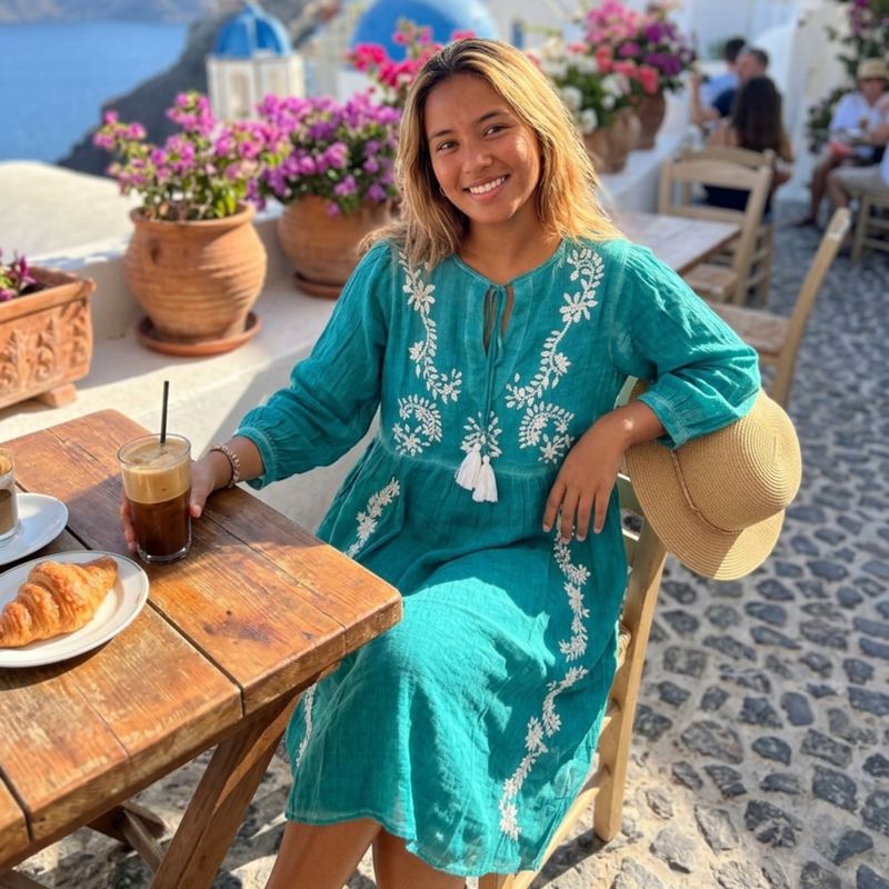 (M-L) Nomad Sari On the Med Collection - Dress -  Turquoice with Embroidery & Tassle