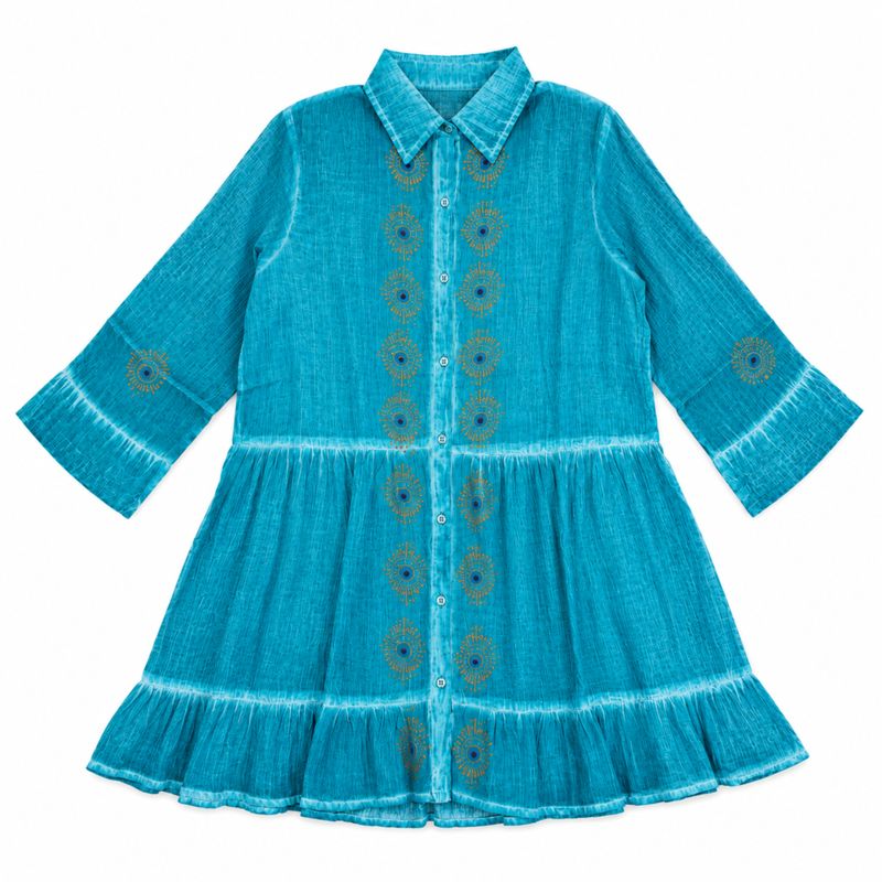 (M-L) Nomad Sari On the Med Collection - Tunic Dress - Turquoise with Evil Eye Block Print