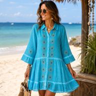 (M-L) Nomad Sari On the Med Collection - Tunic Dress - Turquoise with Evil Eye Block Print