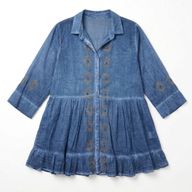 (M-L) Nomad Sari On the Med Collection -Tunic Dress - Dusky Blue with Evil Eye Block Print