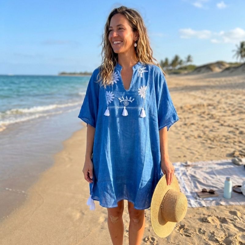Nomad Sari On the Med Collection - Kaftan - Blue with Cream Embroidry and Tasslels