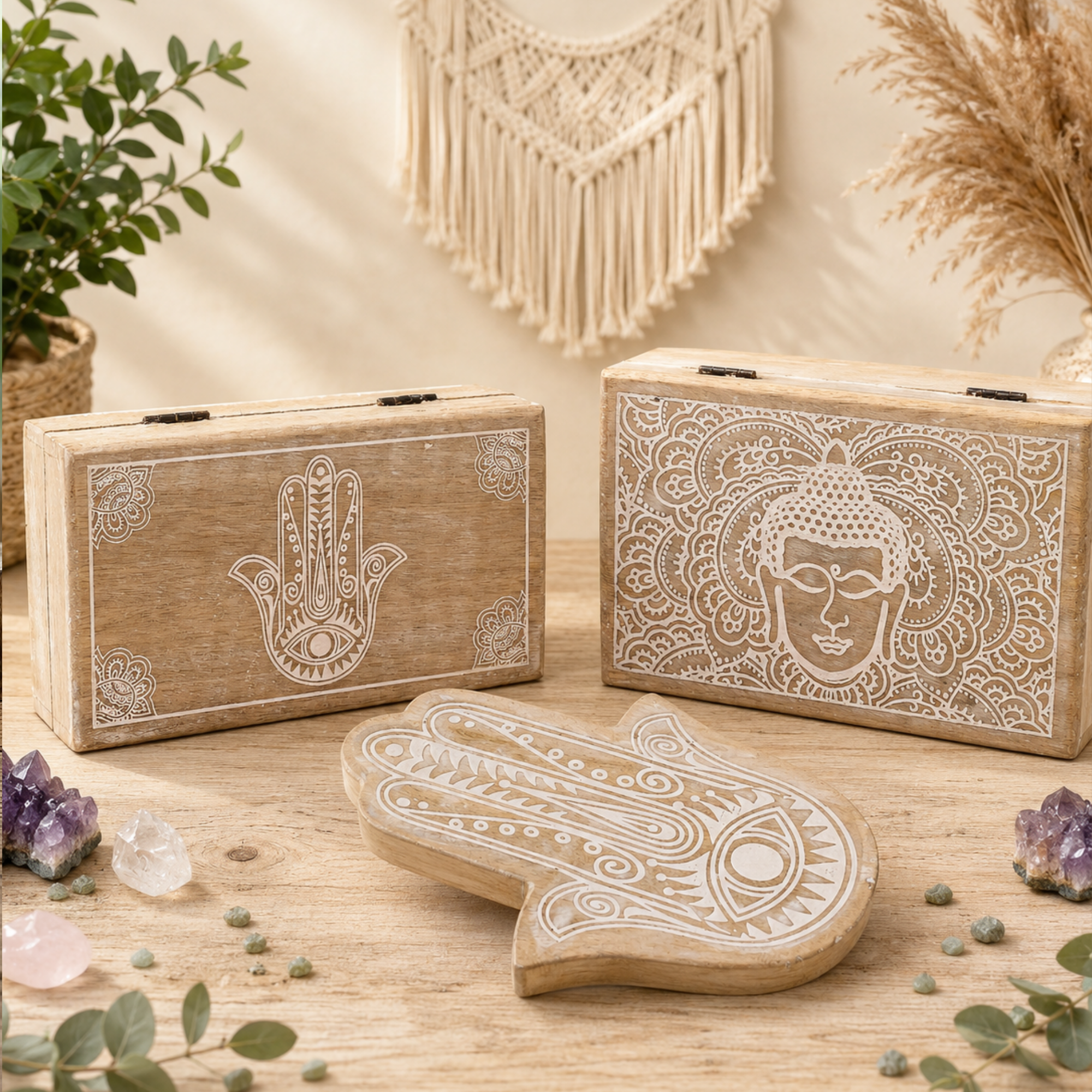 Wooden Boxes and Trays with Hamsa & Buddha