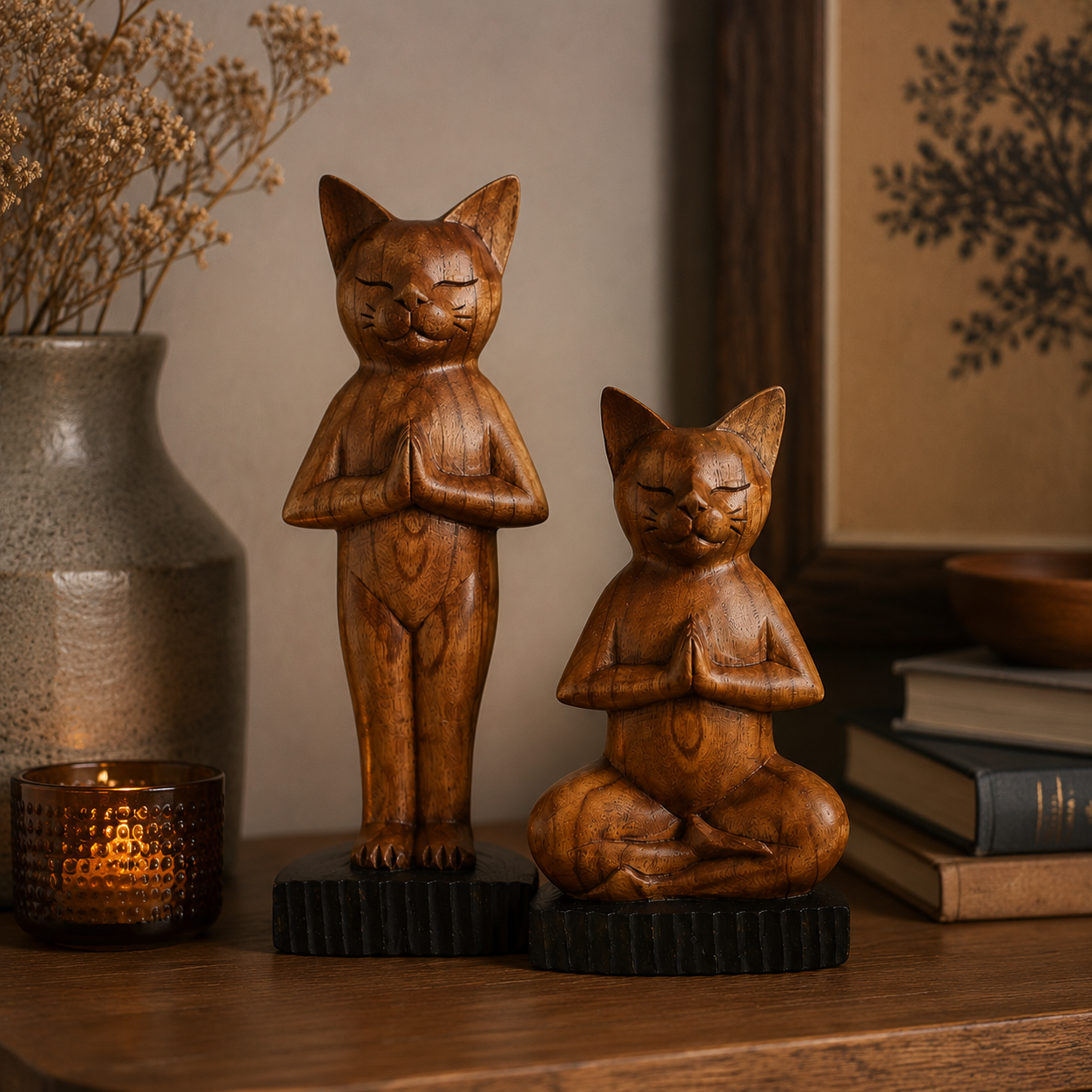 Hand Carved Yoga Cats