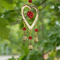 Indian Chimes - Brass With Ruby Glass Heart Beads - 3 Bells - 6.5x24cm