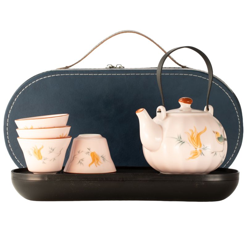 Travel Teapot Set & Four Cups - Pink Vintage Pumkin Style