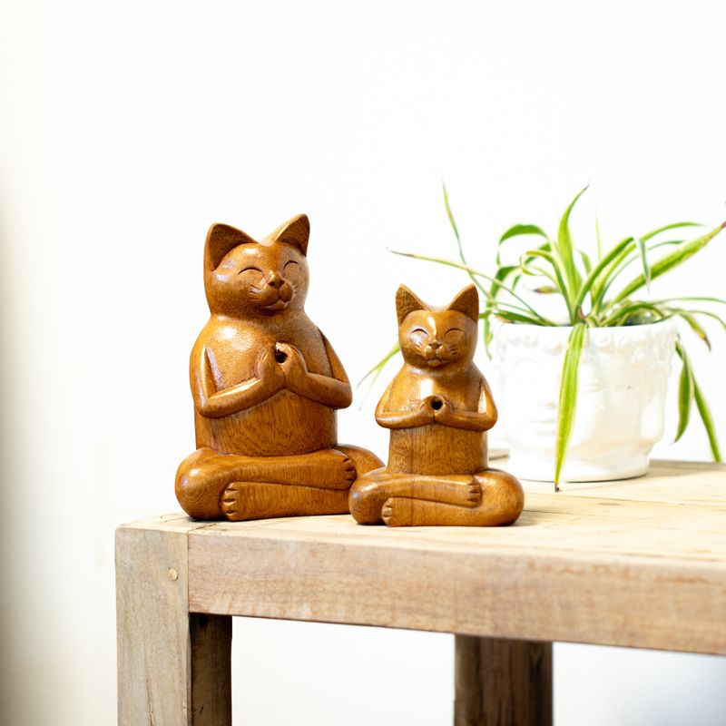 Wooden Carved Incense Burners - Lrg Yoga Cat
