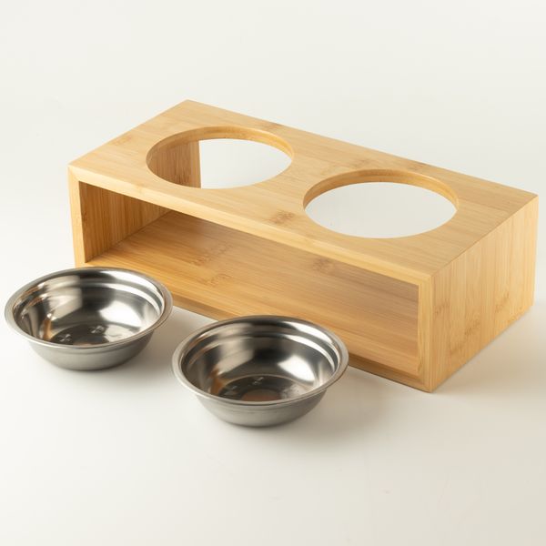 PAW Food Bowls - Lrg Double Stainless Steel in Wooden Stand - 2x13cm