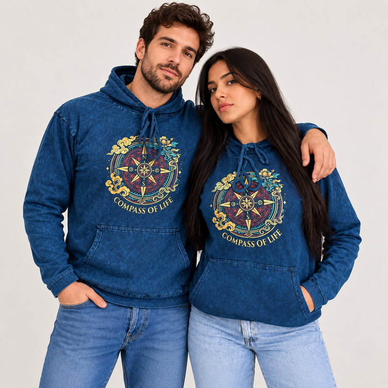 Small Stone Washed Hoody Shirt Kangaroo Pocket - Blue Compass of Life