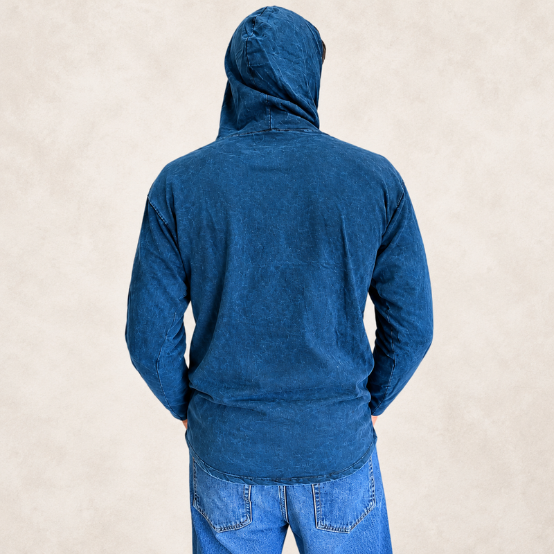 Small Stone Washed Hoody Shirt Kangaroo Pocket - Blue Compass of Life