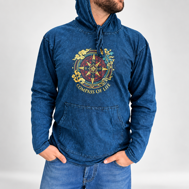 Small Stone Washed Hoody Shirt Kangaroo Pocket - Blue Compass of Life
