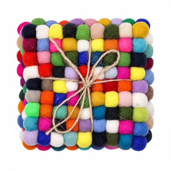 Felt Ball Square Coasters - 10cm - Multi Colour (Set of 4)