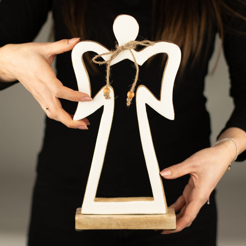 Large Mango Wood Halo Angel - White Enamel