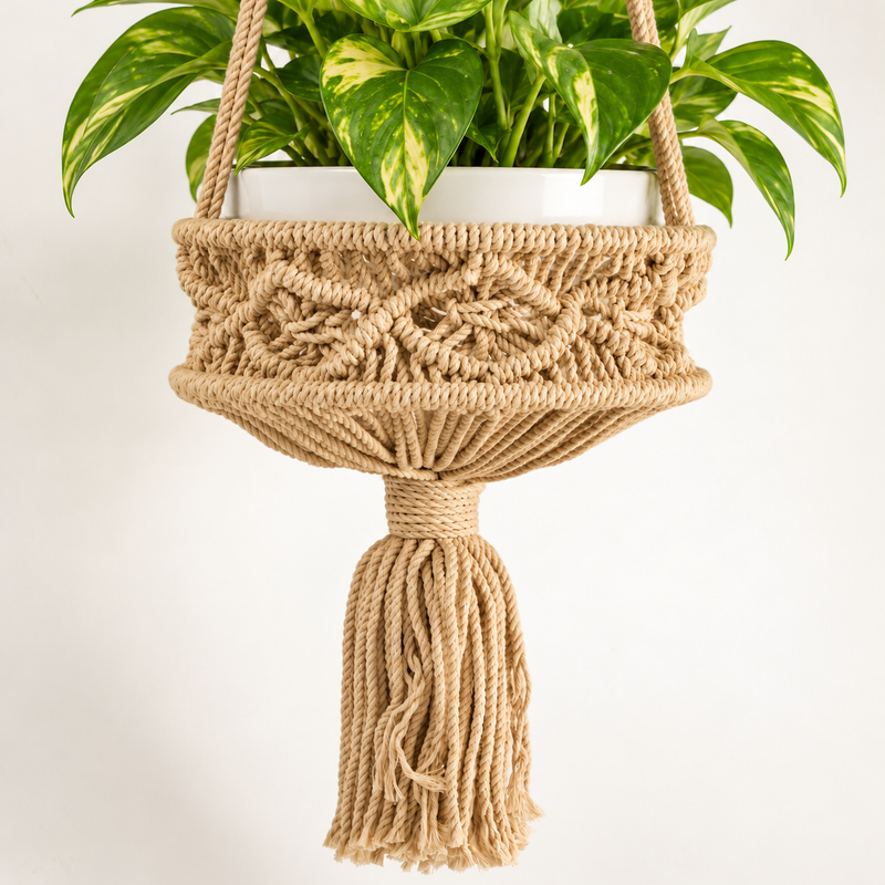 Lrg Macrame Pot Holder  - Camal