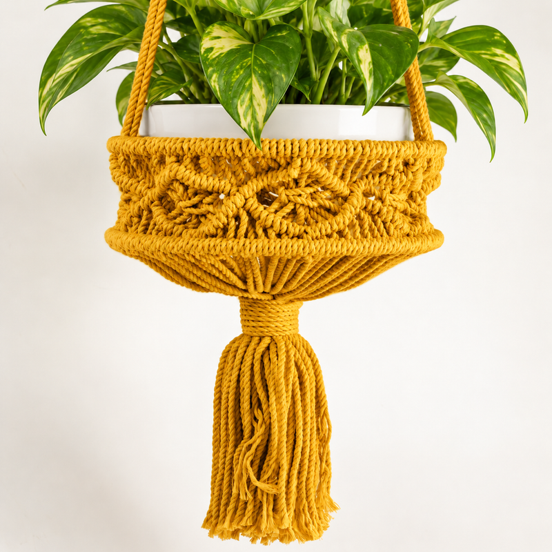 Lrg Macrame Pot Holder  - Mustard