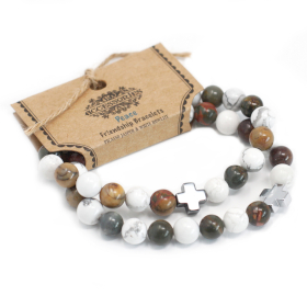 2x Set of 2 Friendship Bracelets - Peace - Picasso Jasper & White Howlite