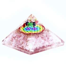 Orgonite Pyramid -  Rose Quartz Rainbow Flower of Life - 70 mm