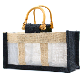 10x Pure Jute and Cotton Window Gift Bag  - Three Windows Black