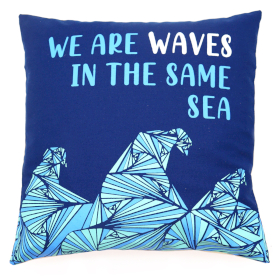 3x Printed Cotton Cushion Cover - We are Waves - Grey, Blue and Natural