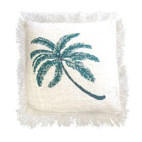 4x Linen Cushion Covering 45x45cm Palm Tree with Fringe