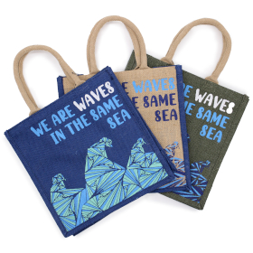 3x Printed Jute Bag - We are Waves - Grey, Blue and Natural