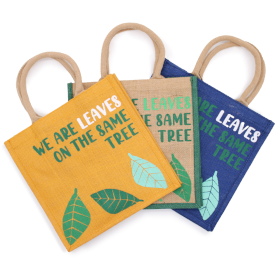 3x Printed Jute Bag - We are Leaves - Yellow, Blue and Natural