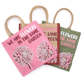 3x Printed Jute Bag - We are Flowers - Olive, Pink and Natural
