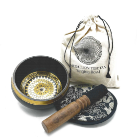 Hand Beaten & Engraved Singing Bowl Gift Set - 14cm - Round Medallions