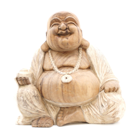 Hand Carved Buddha Statue - 40cm Happy - Whitewash