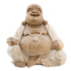 Hand Carved Buddha Statue - 50cm Happy - Whitewash