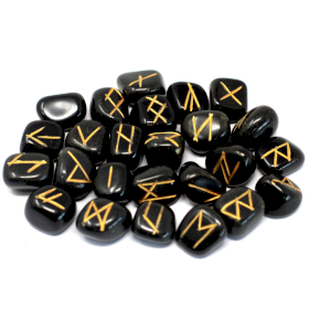 Runes Stone Set in Pouch - Black Agate