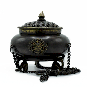 Large Brass Tibetan Burner - Four Symbol Hanging Pot