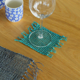 Set of 4 Turquoise Seagrass Fringe Natural Coasters