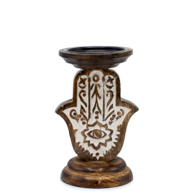 Mango Wood Candle Stand - Hamsa - 18x11cm - Small