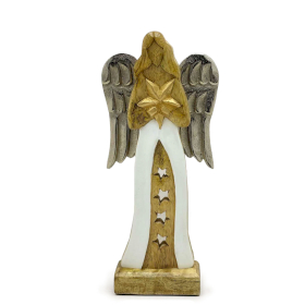 3x Large Mango Wood Star Angel Metal Wings & Enamel Detail - 30cm