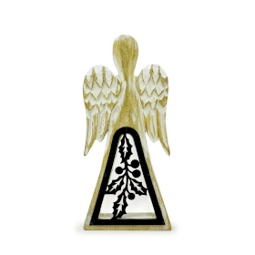 6x Mango Wood Angel - Whitewash with Iron Decor Cut Out - 18cm