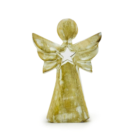6x Mango Wood Angel - Whitewash with Star Cut Out - 18cm