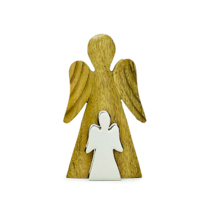 6x Mango Wood Angel in Angel - White Enamel - 15cm