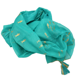 Turquoise & Gold Fish Handpainted Nomad Sari Pario