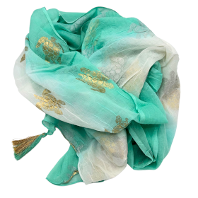 White & Turquoise Gold Turtle Handpainted Nomad Sari Pario