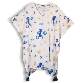 White, Blue & Gold Evil Eye Handpainted Nomad Sari Kaftan