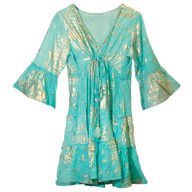 Turquoise & Gold Coral L/XL Handpainted Nomad Sari Dress