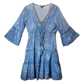 Sea Blue & Gold Fish L/XL Handpainted Nomad Sari Dress