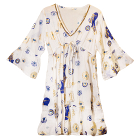 White, Blue & Gold Evil Eye L/XL Handpainted Nomad Sari Dress