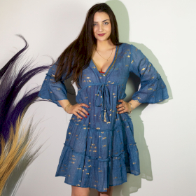 Sea Blue & Gold Fish M/L Handpainted Nomad Sari Dress