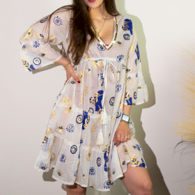 White, Blue & Gold Evil Eye M/L Handpainted Nomad Sari Dress