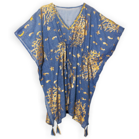 Sea Blue & Gold Coral Design Handpainted Nomad Sari Kaftan