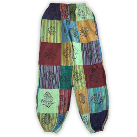 Mushroom Pants - Nomad Sari Block Print Designs - Green Tones - L/XL