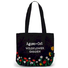 Black Cotton Tote with Embroidery - Wildflower Garden with Red Flowers